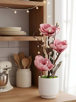 Aarvi Decor - Pink Faux Leather Rustic Blossom Harmony Pot With Flower