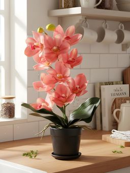 Aarvi Decor - Pink Silk Fabric Coral Luxe Orchid Arrangement Pot With Flower