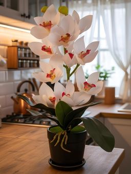 Aarvi Decor - White Silk Fabric Coral Luxe Orchid Arrangement Pot With Flower