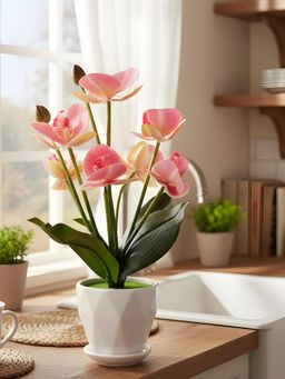 Aarvi Decor - Silk Fabric Orchid Radiance Arrangement Pot With Flower