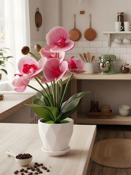 Aarvi Decor - Pink Silk Fabric Orchid Radiance Arrangement Pot With Flower