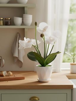 Aarvi Decor - White Silk Fabric Orchid Radiance Arrangement Pot With Flower