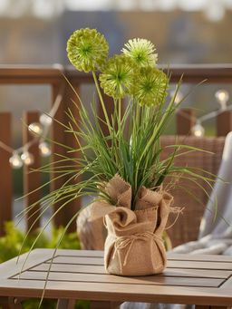 Aarvi Decor - Green Silk Plastic Faux Allium Arrangement Flower Bunch With Jute Wrap