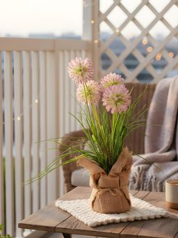 Aarvi Decor - Pink Silk Plastic And Faux Allium Arrangement Flower Bunch With Jute Wrap