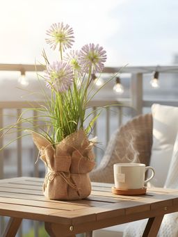 Aarvi Decor - Purple Silk Plastic Faux Allium Arrangement Flower Bunch With Jute Wrap