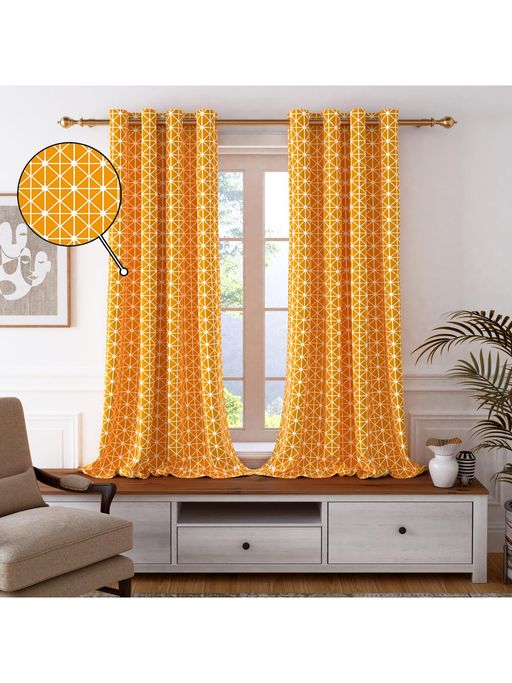 Story@Home Window Cotton Room Darkening Curtain Orange, White, Printed (Pack of 2) (5 feet)