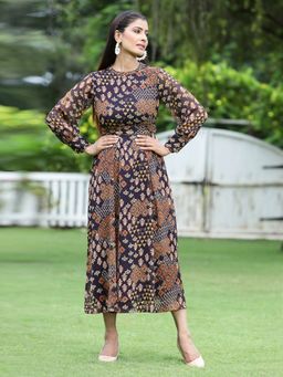 Juniper - Black Ethnic Motif Printed Chiffon Flared Maxi Dress with Buttons.