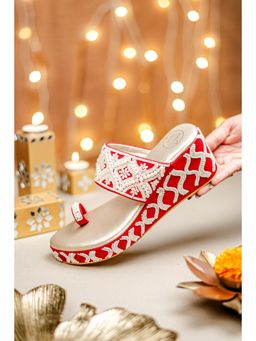 NR by Nidhi Rathi - Dark Pink Pearl Embellished One-Toe Open Back Wedges Heels