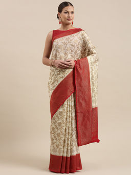 Banarasi Silk Works - Beige Dupion Silk Jaal Skirt Border Saree with Unstitched Blouse