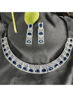 Putstyle - American Diamond Sapphire Blue Cz Studded Rhodium Plated Necklace Set