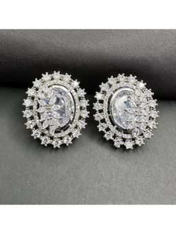 Putstyle - American Diamond Oval Shape Stud Earrings In Rhodium Polish