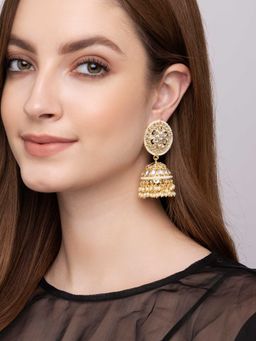 Indya - Gold Floral Pearl Multi Drop Jhumka Earrings