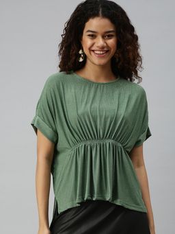 SHOWOFF - Women Round Neck Half Sleeves Self Design Green Top