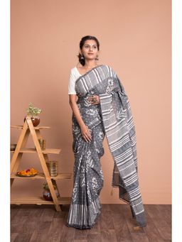 KISHORI - Women Dabu Motif Print Cotton Mulmul Saree with Unstitched Blouse - Grey