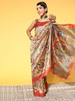 Odette - Khadi Silk Beige Printed Designer Saree with Unstitched Blouse