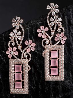 Karatcart - Pink Cubic Zirconia Studded Floral Dangler Earrings for Women for Women
