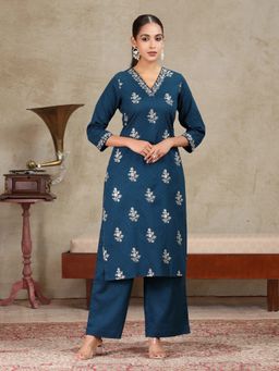 Cotton Culture - Navy Blue Embroidered Straight Kurta with Pant