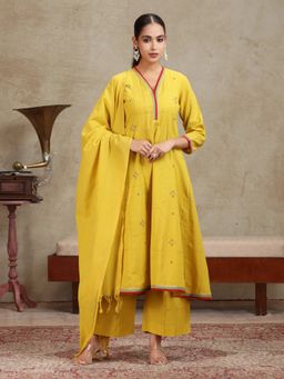 Cotton Culture - Mustard Printed Anarkali Kurta with Pant and Dupatta