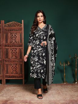 MEENA BAZAAR - Floral Printed Black Cotton Kurta with Pant and Dupatta