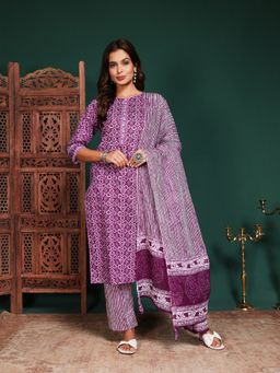 MEENA BAZAAR - Printed Purple Cotton Kurta with Pant and Dupatta