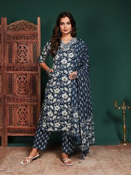 MEENA BAZAAR - Floral Printed Blue Cotton Kurta with Pant and Dupatta