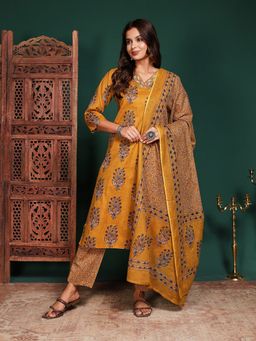 MEENA BAZAAR - Floral Printed Mustard Cotton Kurta with Pant and Dupatta