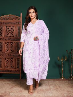 MEENA BAZAAR - Floral Printed Lavender Cotton Kurta with Pant and Dupatta