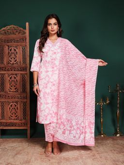 MEENA BAZAAR - Floral Printed Pink Cotton Kurta with Pant and Dupatta