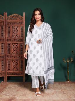 MEENA BAZAAR - White Floral Printed Cotton Kurta with Pant and Dupatta