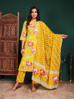 MEENA BAZAAR - Floral Printed Mustard Cotton Kurta with Pant and Dupatta