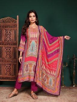 MEENA BAZAAR - Printed Purple Art Silk Kurta with Pant and Dupatta