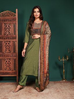 MEENA BAZAAR - Printed Green Cotton Kurta with Pant and Dupatta