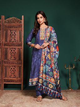 MEENA BAZAAR - Floral Printed Blue Muslin Kurta with Pant and Dupatta