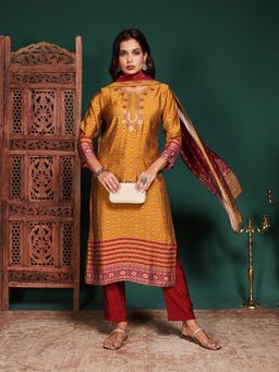MEENA BAZAAR - Embroidered Mustard Art Silk Kurta with Pant and Dupatta