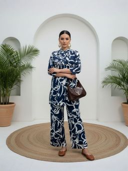 IMANA - Women Pure Cotton Blue Pleated Co-Ord Set