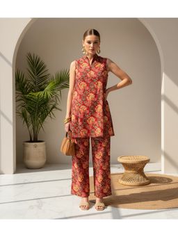 IMANA - Women Pure Cotton Maroon Hand Block Floral Sleeveless Co-Ord Set