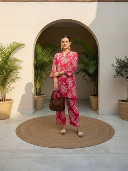 IMANA - Women Pure Cotton Pink Floral Fusion Co-Ord Set