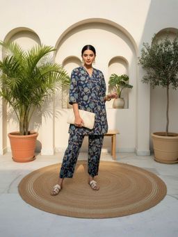 IMANA - Women Pure Cotton Teal Floral Fusion Co-Ord Set