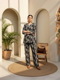 IMANA - Women Pure Cotton Black Floral Lace Detail Co-Ord Set