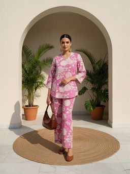 IMANA - Women Pure Cotton Lavender Floral Lace Detail Co-Ord Set