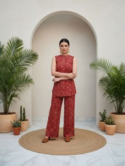 IMANA - Women Pure Cotton Maroon Abstract Print Sleeveless Co-Ord Set