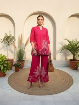 IMANA - Women Pure Cotton Red Mandarin Collar Co-Ord Set