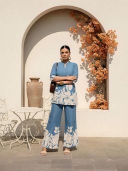 IMANA - Women Pure Cotton Blue Mandarin Collar Co-Ord Set
