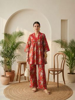 IMANA - Women Red Hand Block Floral V-Neck Co-Ord Set