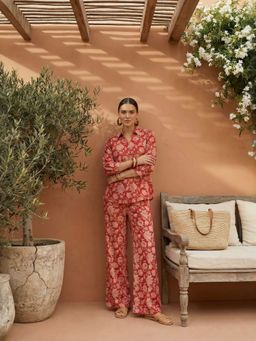 IMANA - Women Rust Floral Printed Pure Cotton High-Low Co-Ord Set