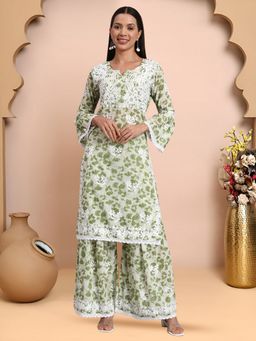PARAMOUNT CHIKAN - Green Women Hand Embroidered Chikankari Cotton Kurta with Sharara