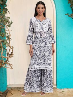 PARAMOUNT CHIKAN - Grey Women Hand Embroidered Chikankari Cotton Kurta with Sharara