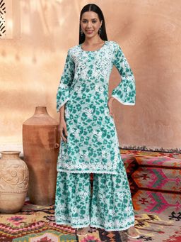 PARAMOUNT CHIKAN - Green Women Hand Embroidered Chikankari Cotton Kurta with Sharara