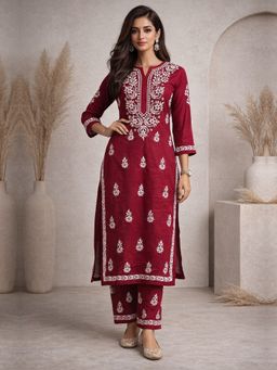 PARAMOUNT CHIKAN - Maroon Women Hand Embroidered Chikankari Cotton Kurta with Pant