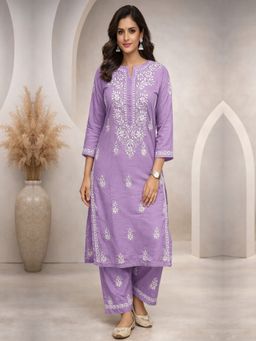 PARAMOUNT CHIKAN - Lavender Women Hand Embroidered Chikankari Cotton Kurta with Pant